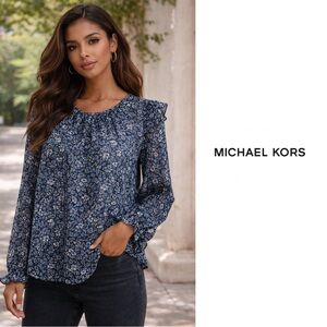 NEW Michael Kors Floral Ruffle Trim Georgette Top